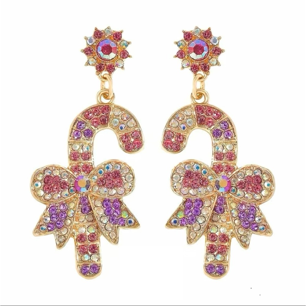 Christmas Pink & Lavender Candy Cane Design with Bow Decor Dangle Earrings NWOT